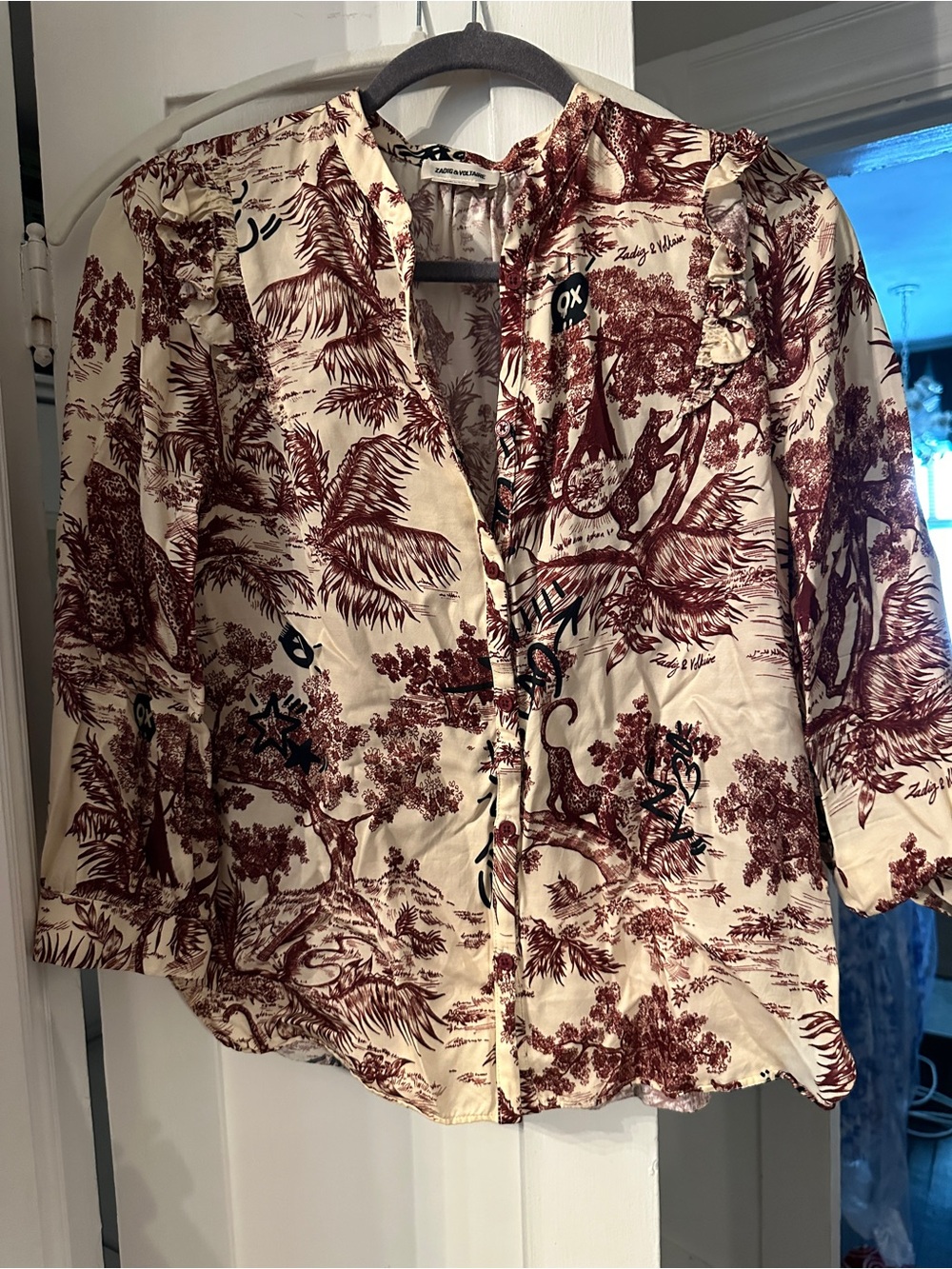 Zadig & Voltaire Burgundy Animal Toile Printed Ruffle-Neck Blouse